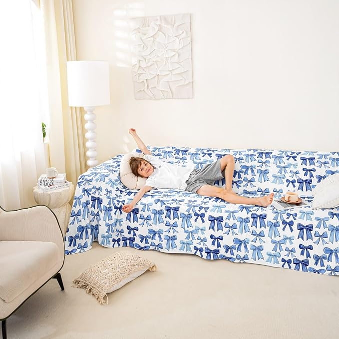Blue Bow Couch Cover for Dogs,Kawaii Princess Bow Tie Washable Couch Covers Dreamy Bowknot Sofa Cover,Watercolor Geometric Bow-Tie Cushion Cover Dogs Sofa Slipcover for Pets,91"x134" Cute Kawaii