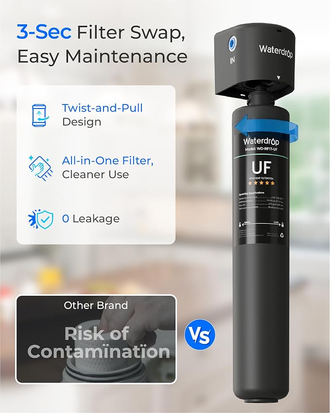 Waterdrop RF17-UF 0.01 μm Water Filter Replacement for Waterdrop 17UA/17UA-UF/17UB/17UB-UF Under Sink Water Filter, Reduces Lead, Chlorine, Bad Taste & Odor, 3 Years