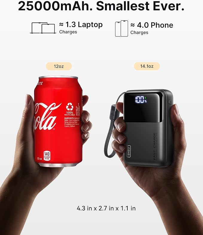 INIU 100W Fast Charging Power Bank, Smallest 25000mAh High Capacity Laptop Portable Charger, 3-Port Battery Phone Pack with Detachable USB C Cable for Travel, Families, Outdoor, Hiking, Metallic Black