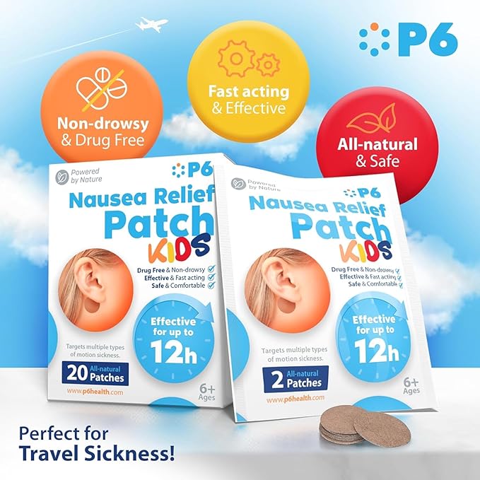 P6 Motion Sickness Patches for Kids - All Natural Sea Sickness Patches for Cruise and Car - Non Drowsy Motion Patch for Children - Safe Motion Sickness Patch for Travel - Ginger and Cinnamon
