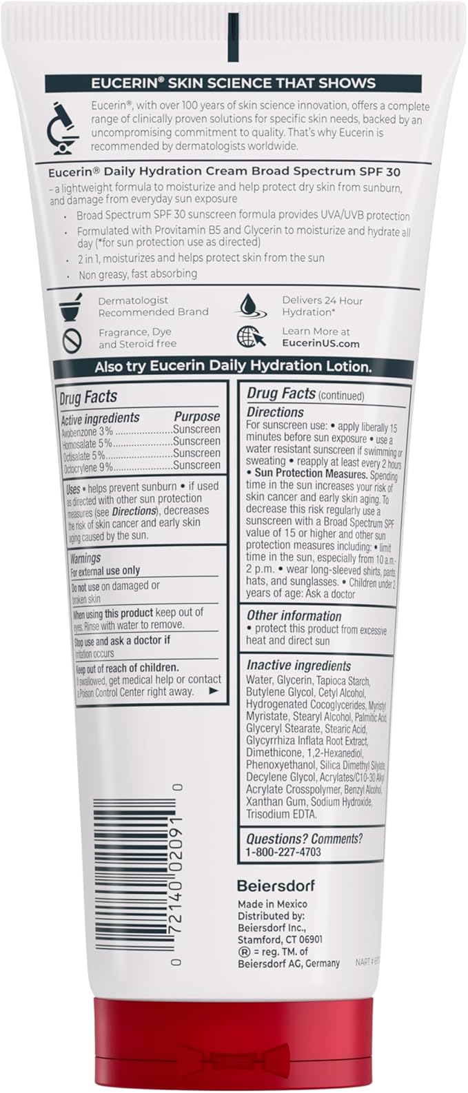 Eucerin Daily Hydration Broad Spectrum SPF 30 Sunscreen Body Cream for Dry Skin, Fragrance Free Sunscreen Moisturizer, 8 Oz Tube