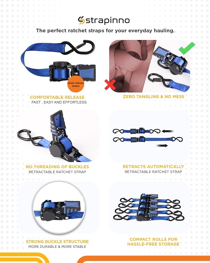 Strapinno 4 Pack Auto Retractable Ratchet Straps Bundle -1 in x 6 ft, 1500 LBS Break Strength Each, Heavy Duty Tie Down Straps for Cargo Securing, Weather Resistant Safety S-Hooks, Blue Strap