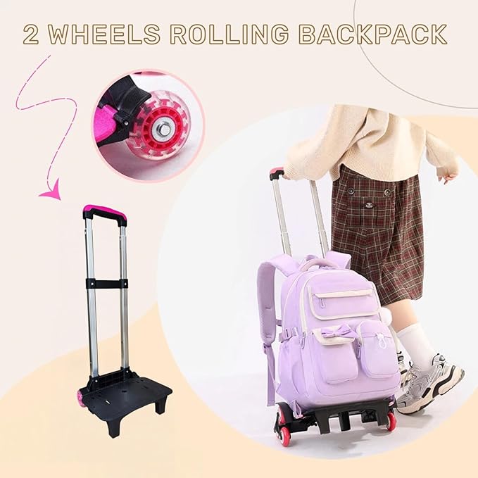 Purple School Backpack with Wheels for Girls Wheeled Bookbags Kids Rolling Backpack for Girls Trolley School Bag, Purple 2 Wheels