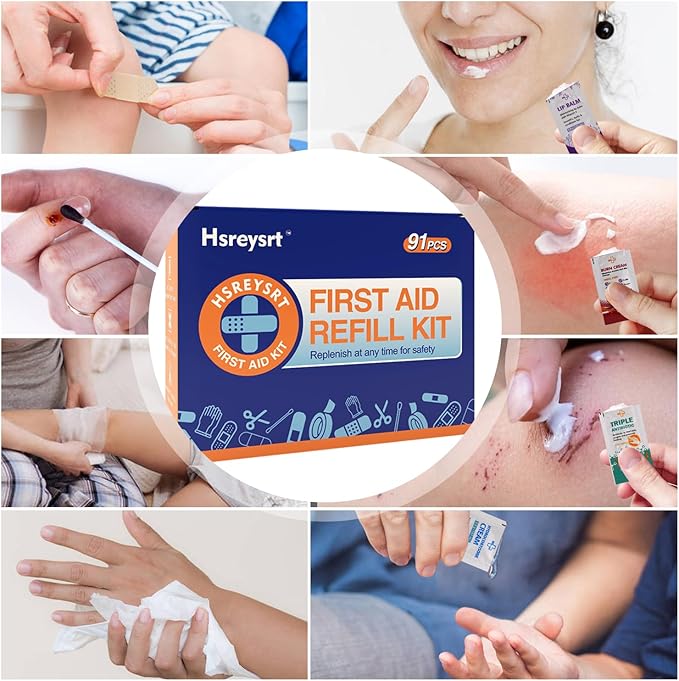 First Aid Refill Kit for Home, Car & Travel, Wound Care Supplies with Scissors, Tweezers, Assorted Bandages & Adhesive Bandages