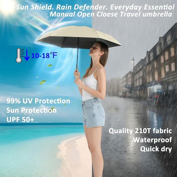 BAODINI Travel Essentials Mini Umbrella for Purse With Case Small Compact UV Sun Protection Lightweight Tiny Pocket Manual Open Close Umbrella for Women Kids and Men Fits Purse Backpack