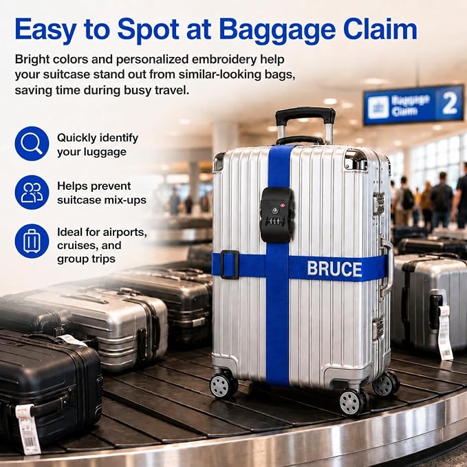 Personalized Luggage Strap with TSA Compatible Combination Lock,2 Pcs Custom Embroidered Name Suitcase Belt, 200CM Adjustable Travel Identifier for 18-32 Inch Bags(2)