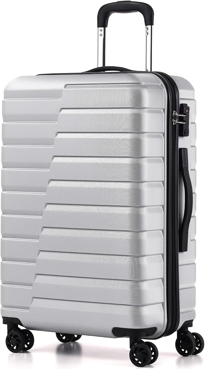 Coolife Medium Checked Luggage with Spinner Wheels, Hardside Suitcase TSA Lock Lightweight Travel Luggage 24-inch,Silver
