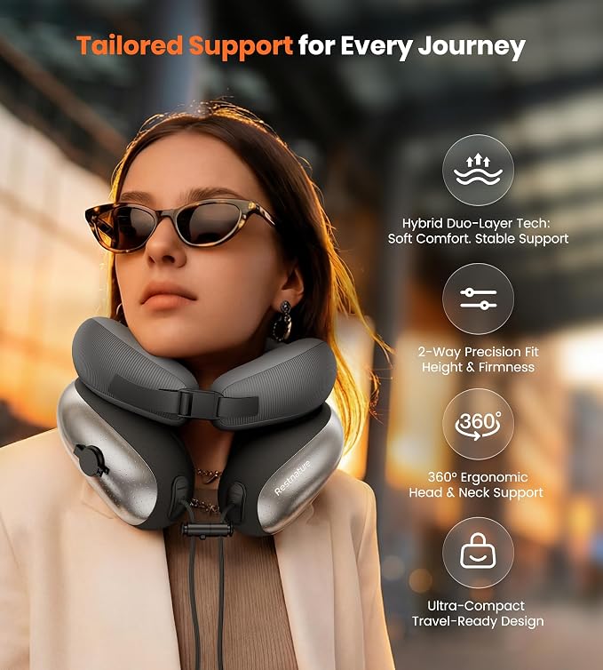 Neck Pillow for Traveling, Travel Pillows for Airplanes, Adjustable Neck Pillow Airplane Travel Essentials - 2 Layer Patented | Inflatable Air Loop & Memory Foam for 360° Ergonomic Support