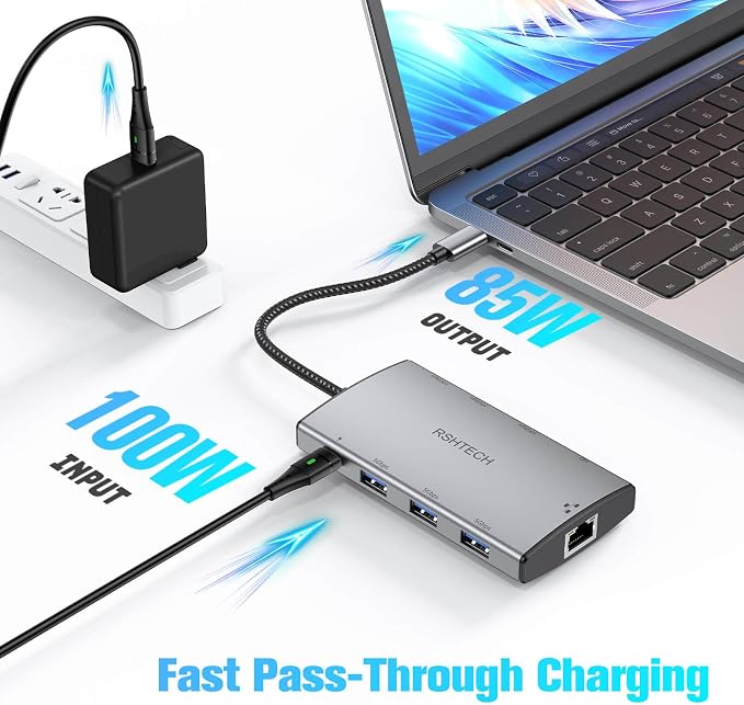 RSHTECH 9-in-1 USB C Hub Multiport Adapter with 4K HDMI, 10Gbps USB-3.2 Ports(2C + 1A), 3 USB-3.0 5Gbps Data Ports, 100W PD, Gigabit Ethernet, Aluminum USB-C Dongle for MacBook, Laptops and More