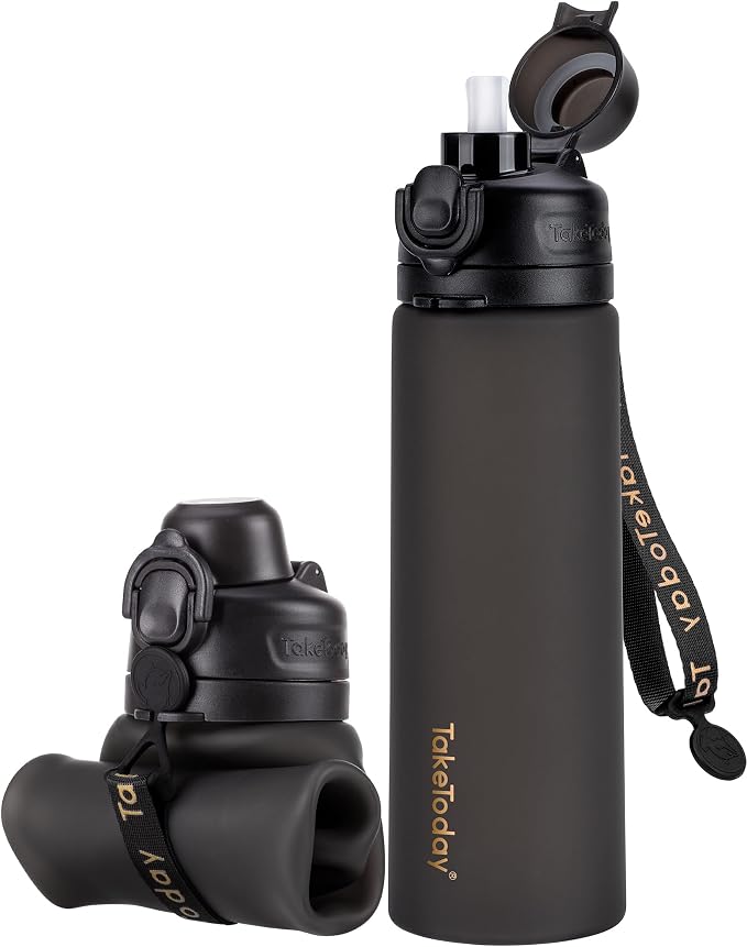 TakeToday Newly Upgraded Collapsible Water Bottles 32oz and 20oz, Foldable Platinum Silicone Travel Water Bottle with Straw & Carry Strap, Leak-Resistant Screw Lid, Wide Mouth, BPA-Free for Hiking, Ca