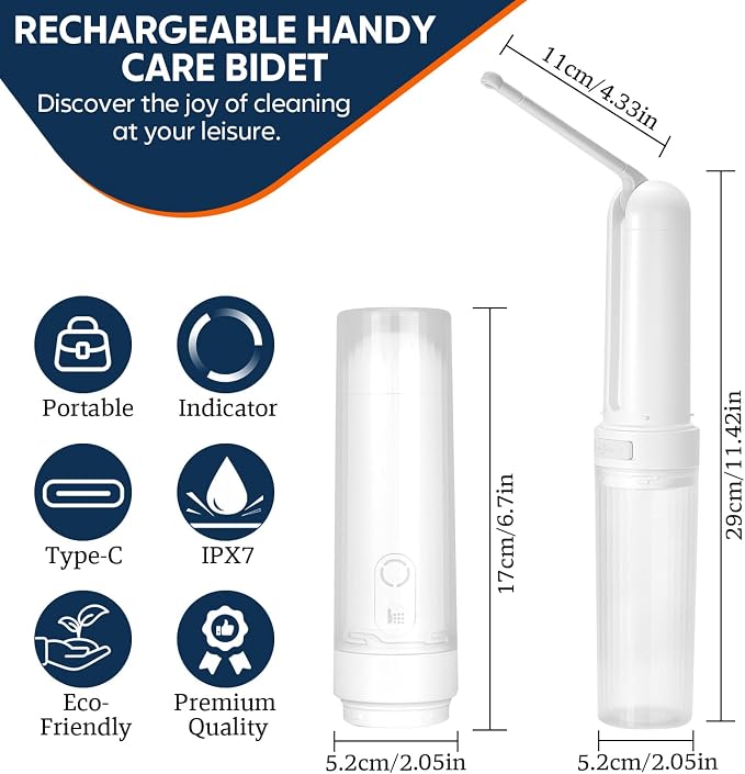 ( 180ml ) PureStream Portable Bidet for Travel – USB-C Rechargeable Handheld Sprayer with Bottle Adapter, 180° Foldable Nozzle, Adjustable Pressure Modes, Waterproof, for Men and Women (White)