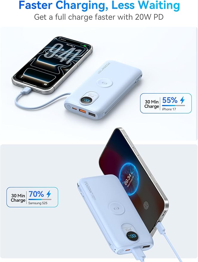 Portable Charger, 10000mAh 20W Fast Charging Power Bank with Built in Cables & AC Wall Plug & LED Display, Travel Essentials Battery Pack Powerbank for iPhone, iPad, iWatch, Pixel, LightBlue