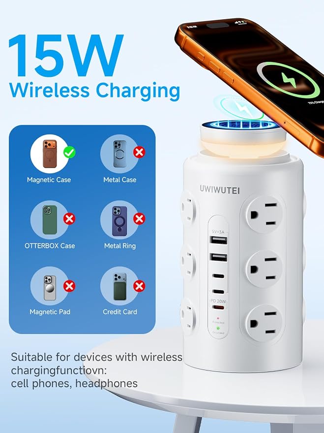Tower Power Strip Surge Protector with Wireless Charging & Night Light - PD20W Fast Charging Station,12 Outlets, 5 USB (3 USB-C),1800J Protection, 6FT Extension Cord, Home Office Essentials(White)