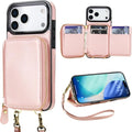 Bocasal RFID Blocking Wallet Case for iPhone 17 Pro Max, Adjustable Crossbody Zipper Purse Case Card Holder with Kickstand Detachable Wrist Strap, PU Leather Flip Folio Case 6.9 Inch 5G (Rose Gold)