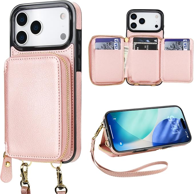 Bocasal RFID Blocking Wallet Case for iPhone 17 Pro Max, Adjustable Crossbody Zipper Purse Case Card Holder with Kickstand Detachable Wrist Strap, PU Leather Flip Folio Case 6.9 Inch 5G (Rose Gold)