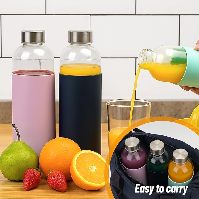 Luxfuel 18 oz Glass Bottles with Lids and Silicone Sleeve, Reusable Glass Juice Bottles with Stainless Steel Cap for Juicing, Refrigerator,100% Leak Proof, BPA Free,Glass Water Bottles Set of 10