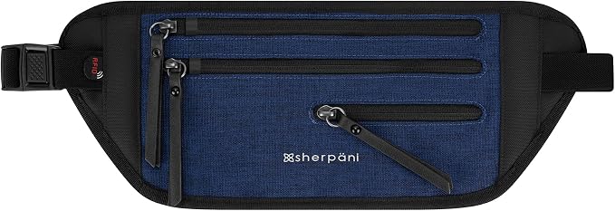 Sherpani Jett, Travel Money Belt, Secure Waist Bag, Slim Passport Holders, Blocking Hidden Wallet Belt Bag, Fanny Pack for Women, Travel Gift, RFID Protection (Indigo Lite)