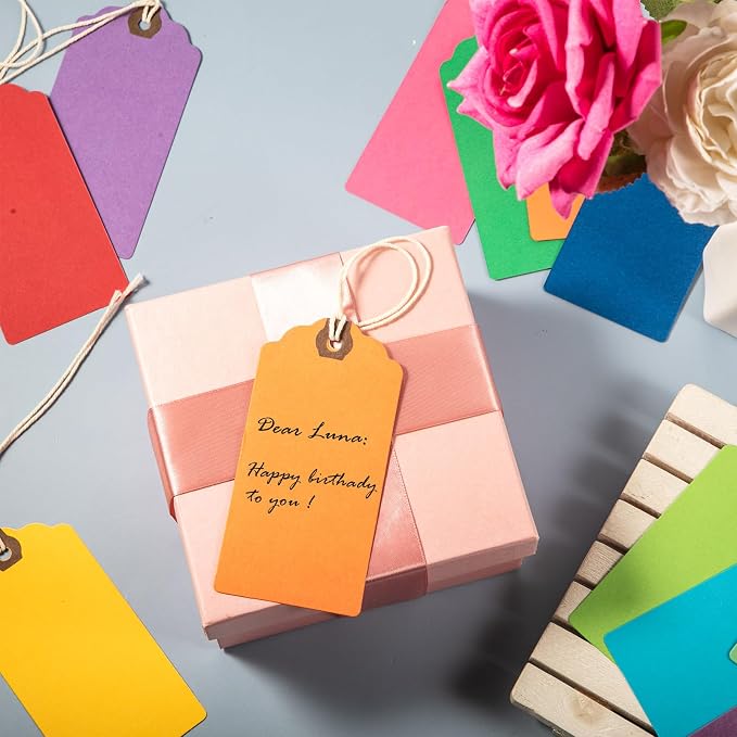 Outus 480 Pcs Manila Tags Rainbow Colors Gift Tags with String Attached Shipping Luggage Paper Tag Hanging Price Label for Christmas DIY Crafts Gift Holiday Party Favors