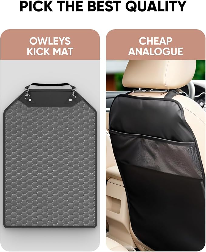 Owleys Kick Mat Back Seat Protector - Car Back Seat Cover for Kids Feet - Waterproof & Sturdy Protector for Upholstery from Dirt, Mud, Scratches and Stain (Gray 2 pc)