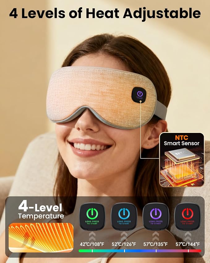Cordless Heated Eye Mask with 1500mAh Large Battery, 4 Heat Levels & 100% Blackout for Dry Eyes Relief, Fast Heating Eye Heating Pad with 2 Washable Covers for Sleep, Travel, MGD, Blepharitis