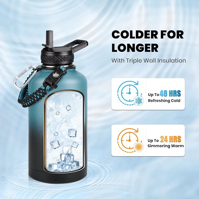 RAYMYLO Insulated Water Bottle 64 oz, Triple Wall Vacuum Stainless Steel (Cold for 48 Hrs), Leak Proof & Non-BPA, Half Gallon Water Flask Jug with Paracord Handle & Straw Spout Lids