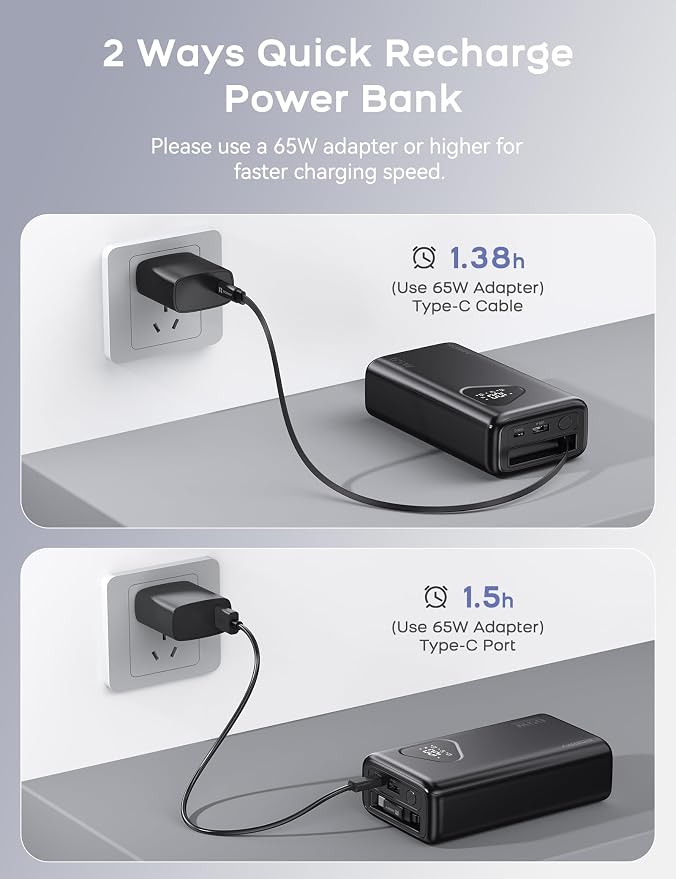 RORRY Laptop Power Bank, 25000mAh 65W Portable Laptop Charger Battery Bank PD Fast Charger Built in Retractable Cables, for iPhone 17/16/15 Series, MacBook, Samsung, Dell, XPS, iPad, Steam Deck, Black