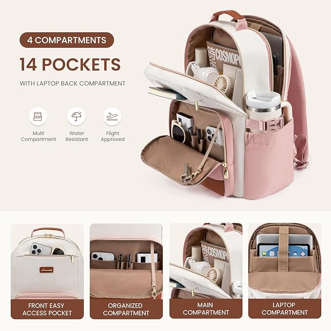 LOVEVOOK Laptop Backpack for Women with Pouch Pocket for Large Capacity Cup,17 Inch Teacher Nurse College Work Backpack Purse,Waterproof Laptop Bag Computer Back Pack for Travel, Beige-Pink-Brown
