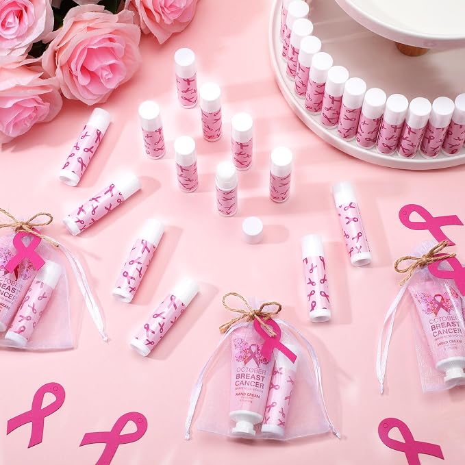 100 50 Set Breast Cancer Awareness Gifts Bulk Woman Ribbon Lip Balm Hand Cream Include 50 Lip Balm 50 Hand Cream 50 Bag 50 Tag Breast Cancer Awareness Month Items Survivors Offices