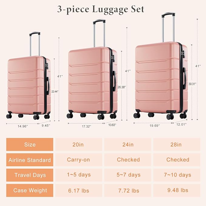 Sweetcrispy 3 Piece Expandable Luggage Set, ABS Hard Shell Rolling Suitcases with Smooth Spinner Wheels and TSA Lock, Lightweight Travel Luggage for Trip, 20/24/28 Inch, Pale Pink