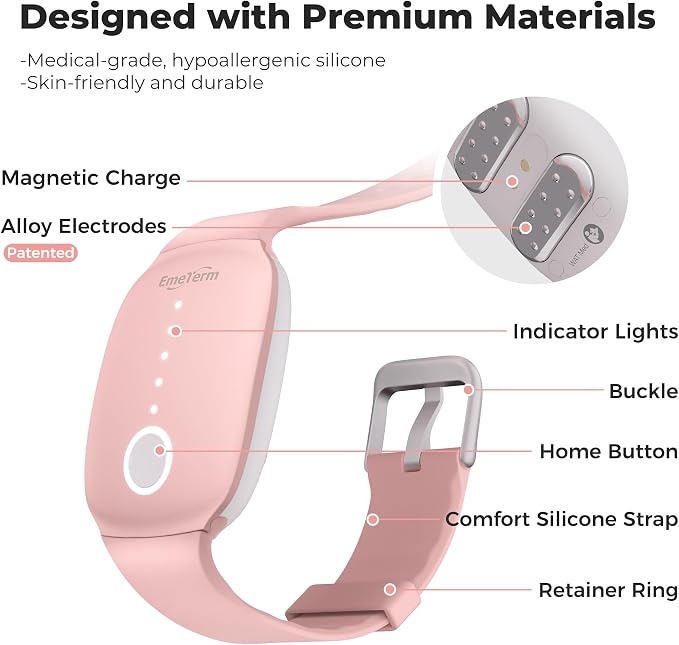 EmeTerm Fashion FDA-Cleared Relieve Nausea Electrode Stimulator Morning Sickness Motion Travel Sickness Vomit Relief Rechargeable No Gel Drug Free Wrist Bands Without Side Effects
