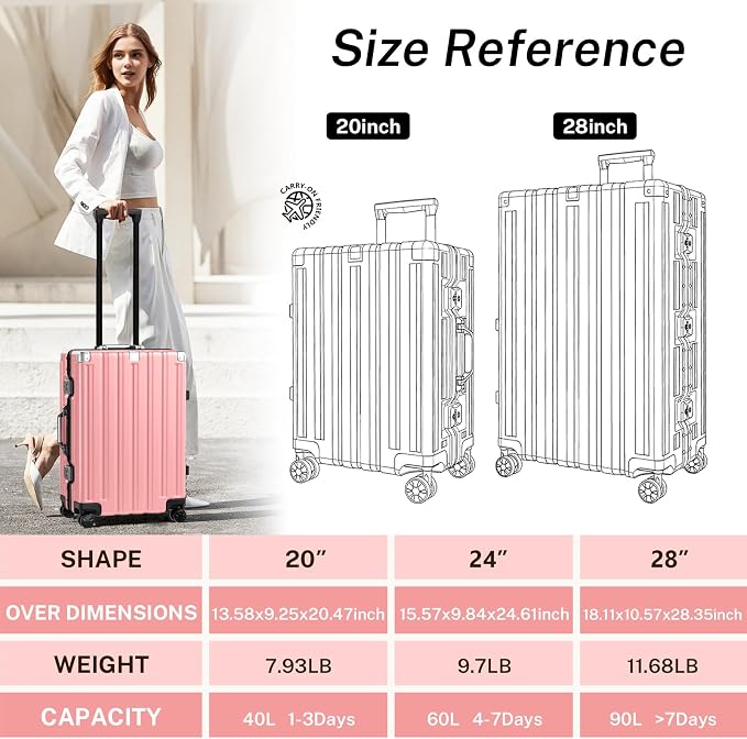 Krute Zipperless Luggage 24 Inch Aluminum Frame Suitcase with Spinner Wheels PC+ABS Hardide Checked Luggage TSA Approved No Zipper Travel Suitcase Pink
