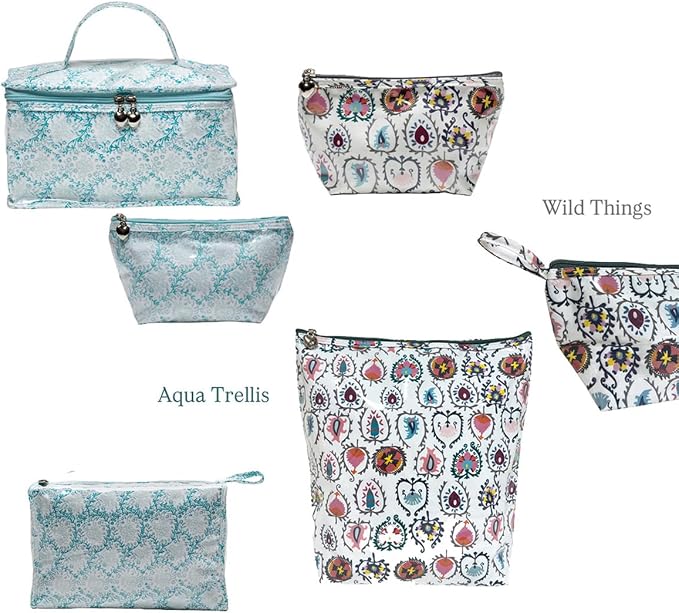 Jacaranda Living Extra Small Cosmetic Bag - Water-Resistant, PVC-Lined - Aqua Trellis