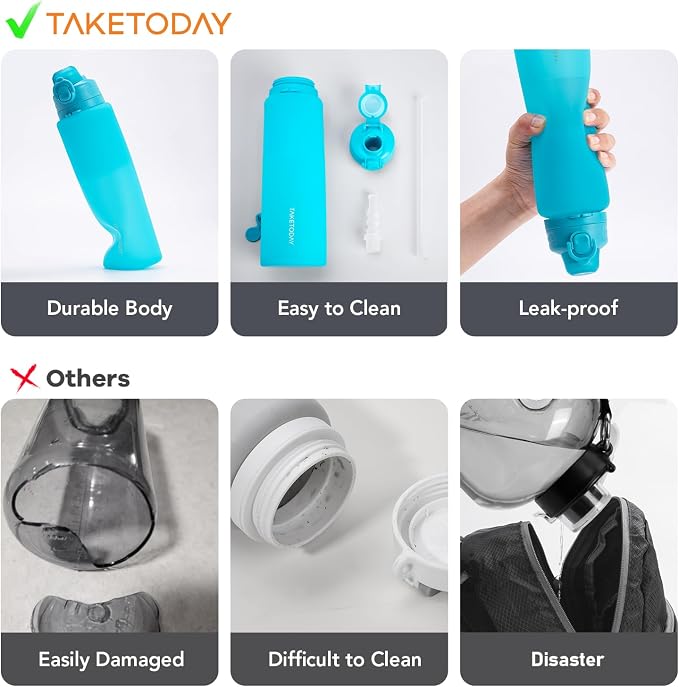 TakeToday Collapsible Water Bottles 20oz and 32oz, Leak Proof, BPA-Free, Foldable Silicone Travel Water Bottle with Straw Strap for Cycling, Hiking, Outdoors