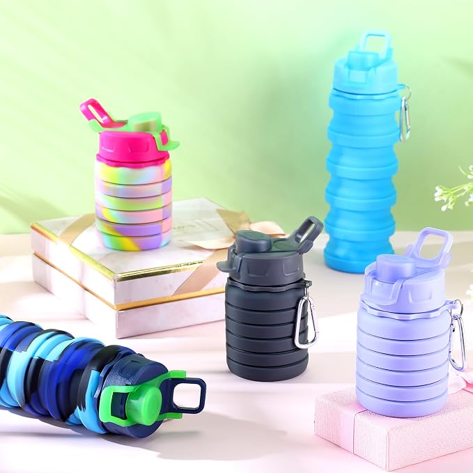 Layhit 10 Pcs Silicone Collapsible Water Bottles 17 oz Travel Water Bottle with Leak Proof Twist Cap Portable Foldable Retractable Sports Bottles Reusable Expandable Water Bottle (Multi Colors)