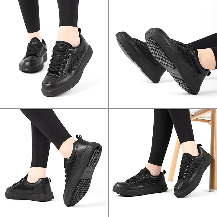 Treesky Black Slip On Non Slip Work Shoes for Women, Faux Leather Sneakers | Slip resistant soles, water resistant faux leather, wipe clean, EVA cushioning, no-tie slip-on, for kitchen & food service