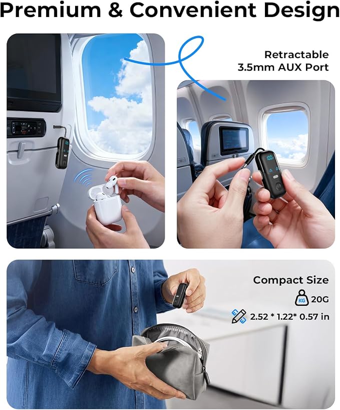 Bluetooth 5.4 Transmitter Receiver for 2 AirPods/Headphones, 2-in-1 Airplane Bluetooth Adapter with Mic for Hands-Free Calls, Low Latency, Wireless Audio Adapter for Travel Flight TV Speakers