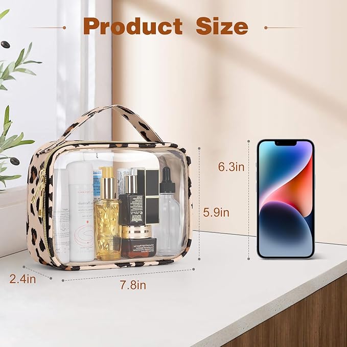 Wedama TSA Approved Toiletry Bag, 2 Pack Clear Makeup Bags with Handles, Quart Size PVC Clear Cosmetic Bags for Women and Men, Carry on Airport Airline Compliant Bag, Leopard Print