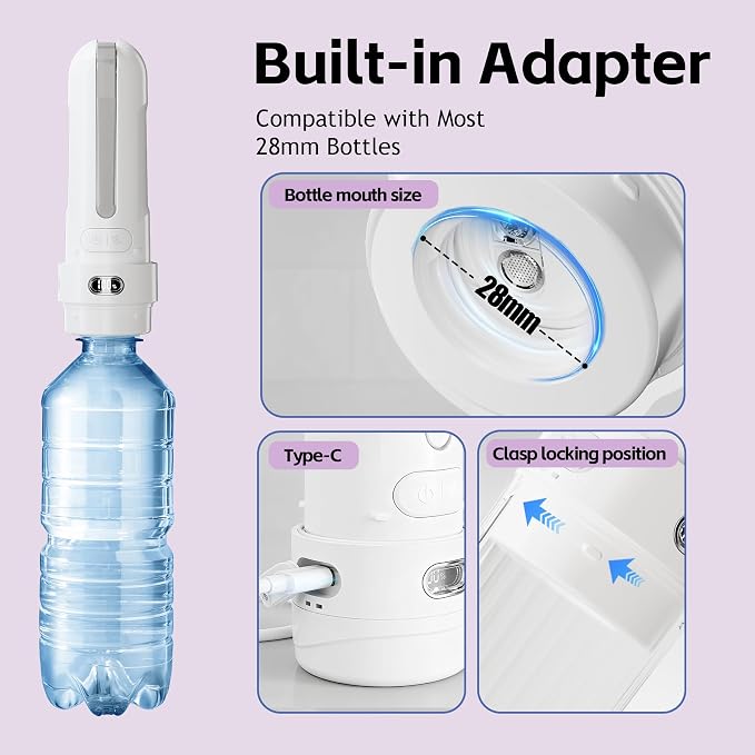 Electric Portable Bidet- Rechargeable Travel Bidet for Women, Postpartum, Hygiene | 3 Pressure Modes, 260 Uses/Charge, IPX7 Waterproof, Foldable & Compact, Standard Bottle Fit, USB-C Charging, White