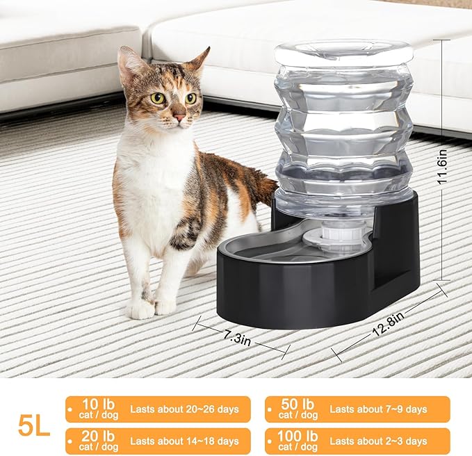 RIZZARI 5L Gravity Pet Water Dispenser with Filter, Stainless Steel Bowl | 5L Long-Lasting Water Supply,Cleaner Drinking Experience,Filtered Fresh Water,Visible Water Level,Designed for Everyday Use