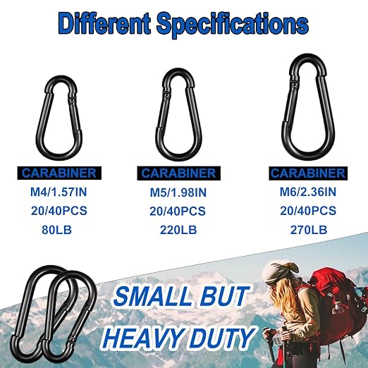 40PCS M5 Heavy Duty Carabiner Clip, 2Inch Snap Hook Quick Link Small Carabiner Clips,Spring Link Buckle for Fishing Camping Hammock Dog Leashes-220LBS Holding Capacity (Black)