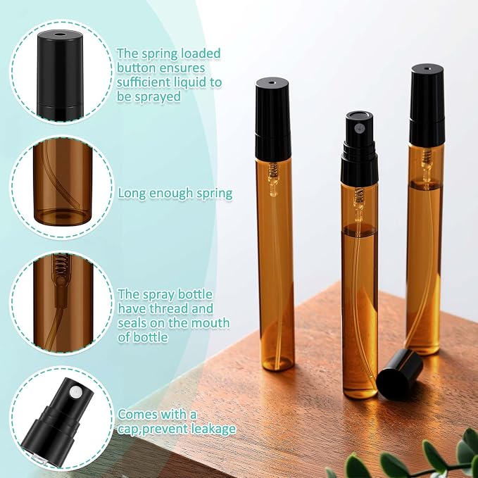 Zhehao 1 Pcs Mini Spray Bottles 10 ml Clear Glass Perfume Bottles Refillable Fine Mist Perfume Atomizer Portable Empty Sample Containers for Cleaning, Essential Oils, Travel (Amber)