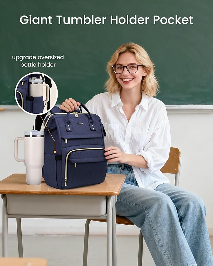 LOVEVOOK Laptop Backpack for Women with Giant Tumbler Holder Pocket,18 inch Waterproof Travel Backpack Purse Computer Laptop Bag,Professional Work College Nurse Teacher Backpack Daypack,Dark Blue