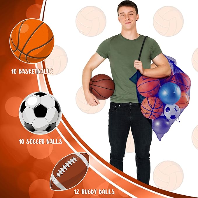 Woanger 3 Pcs Thickened Extra Large Sports Ball Bag Mesh Soccer Net Ball Bag Drawstring Bags Team Work for Holding Basketball, Volleyball, Baseball with Shoulder Strap, 35.4 x 27.5 Inch