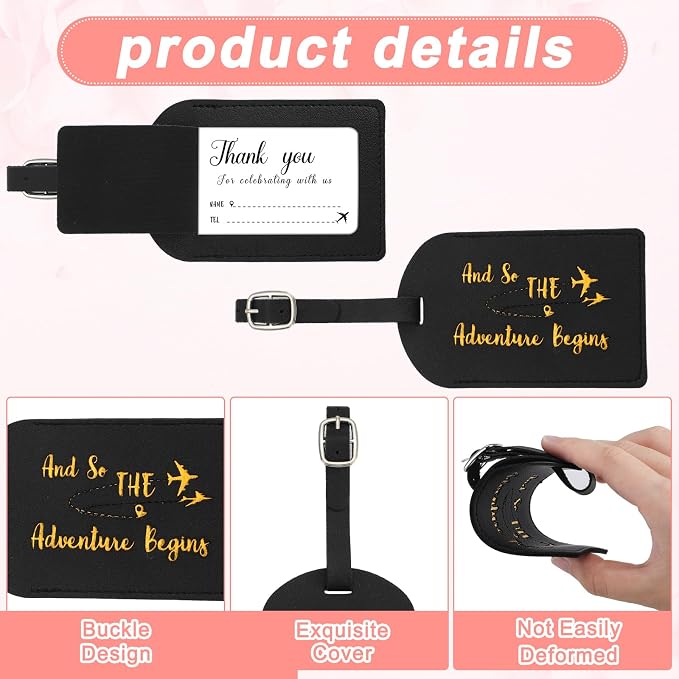 Sweetude 48 Sets Bulk Luggage Tags Wedding Favors and So The Adventure Begins Leather Luggage Tags for Suitcases with Name Card for Travel Themed Bridal Shower Graduation Party Favor(Black)