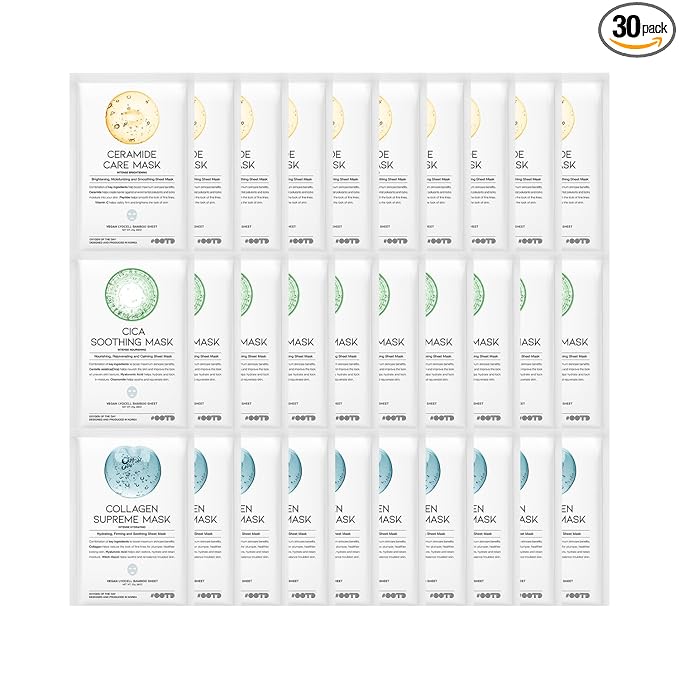 #OOTD Hydrating Soothing Sheet Masks Gift Set for Skincare, Korean Vegan Sheet Mask for Dry, Sensitive Skin, Calming, Smoothing, Brightening, Collagen, Ceramide, Cica, Hyaluronic Acid 30EA