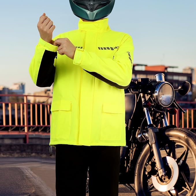Men's Reflective Rain Gear Motorcycle Rain Suit with Hooded Nylon Waterproof Jacket Pants and Shoe Covers for Cycling and Night Riding