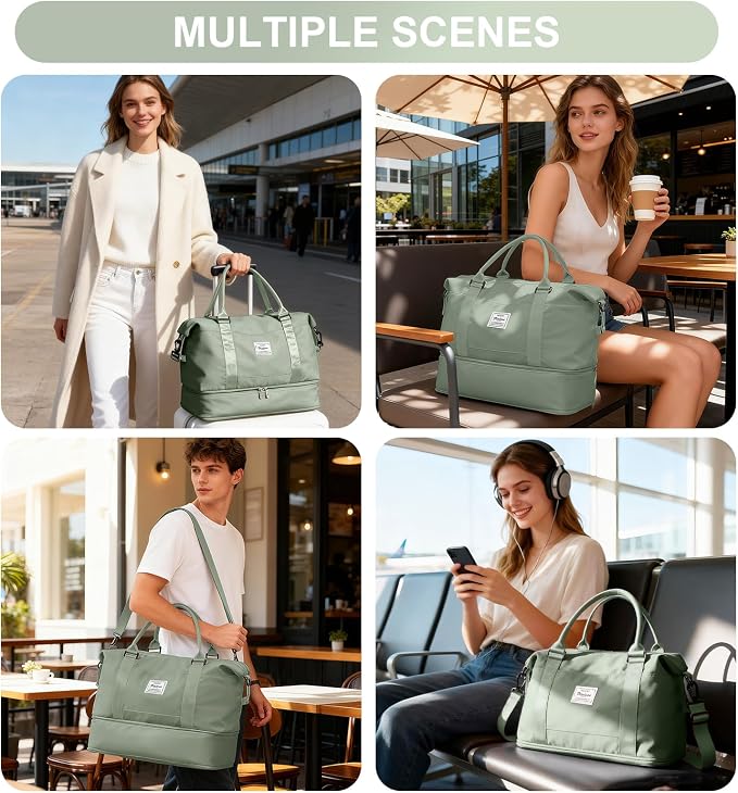 Travel Duffel Bag, 18x14x8 Inches Travel Bag Spirit with Shoes Compartment, Weekender Overnight Bag for Women with Trolley Sleeve, Carry On Bag for Airplanes Sport Tote Gym Bag(BeigeGreen).