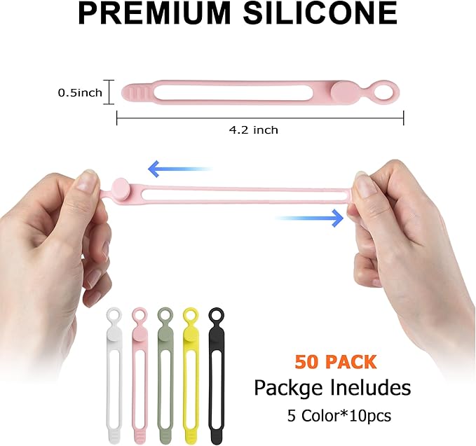 50Pcs Silicone Cable Ties Cord Organizer for Bundling Earphone, Phone Charger, Computer Cords, Reusable Cable Ties Wire Organizer in Home,Office,Kitchen,School (5 Colors)