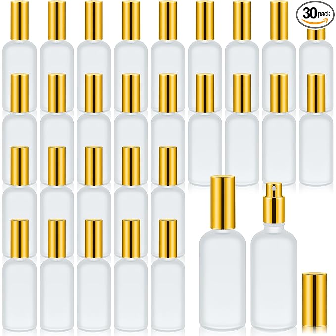 Roshtia 30 Pcs Glass Spray Bottle Clear Empty Bottles Small Refillable Reusable Perfume Bottle with Fine Mist Sprayer Pump for Face Body Travel(3.4 oz,Gold)