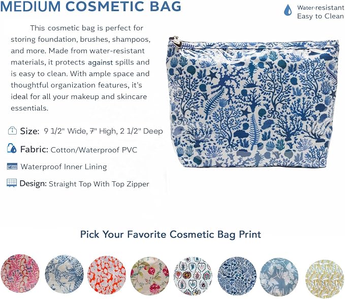 Jacaranda Living Medium Cosmetic Bag – Waterproof PVC-Lined Cosmetic & Toiletry Organizer, Zipper Pouch for Skincare, Makeup & Accessories, Blue Seashells